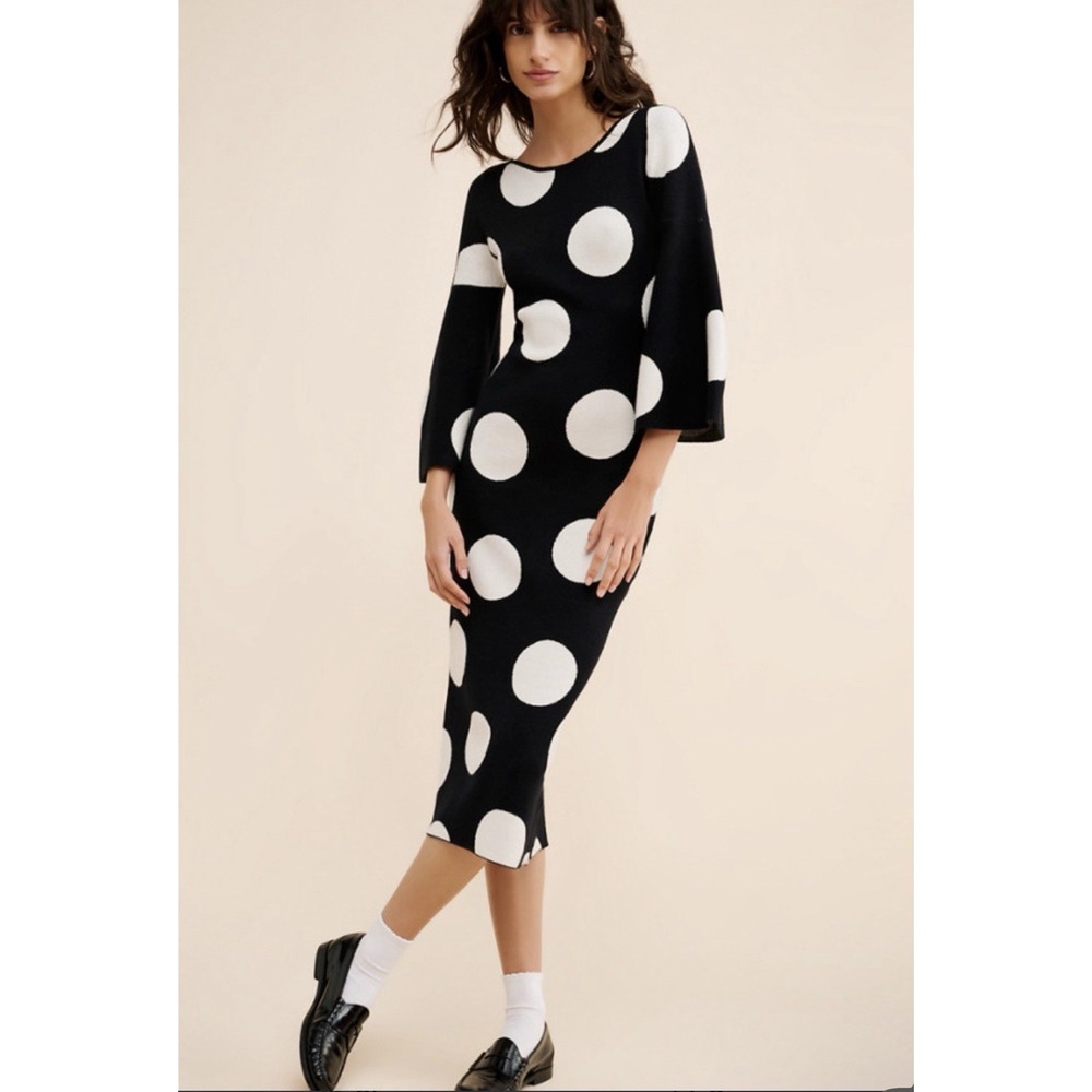 Buy Anthropologie Fluted Sleeve Sweater Midi Dress Sz Large Black Polka Dot